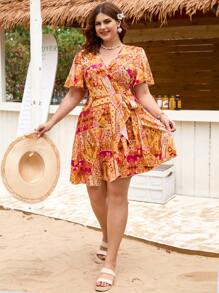 Dreamara 大码休闲 V 领收腰度假连衣裙 - 橘色 - 查看 6
