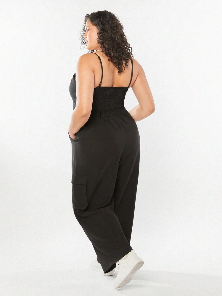 Vintage College Style Plus Size Women Single-Breasted Cami Vest And Loose Cargo Pants 2pcs/Set For Summer