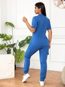 女式V領護士制服，純色外科服套裝，帶拉鍊 - 淺藍色 - 查看 2