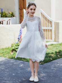 SHEIN 適合表演、晚會和生日派對的少女婚禮季花朵網紗公主裙 - 白色 - 查看 4