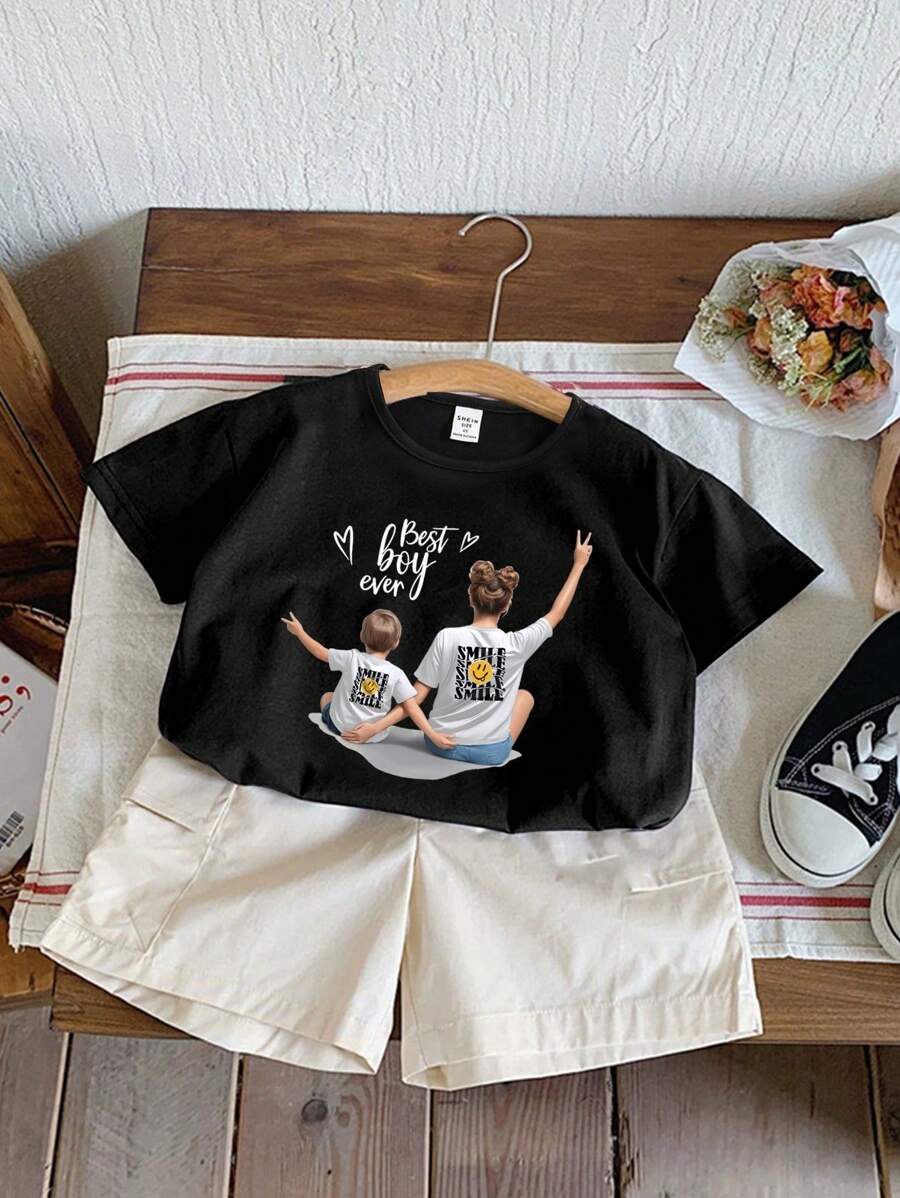 Young Boys Casual Round Neck Short Sleeve Summer T-Shirt With Figure Back Print. Note: Mommy And Me Matching Outfits, Each Sold Separately - Black - View 1