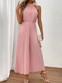 SHEIN Clasi Women Summer Casual Solid Color Pleated V-Neck Wide Leg Jumpsuit