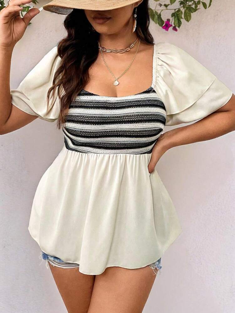 Plus Size Women Square Collar Striped Shirt With Flare Sleeves