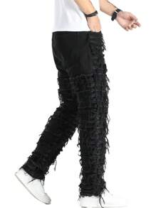 Jeans de mezclilla con adorno de flecos de moda para hombres, estilo emo, grunge - Negro - Ver 6