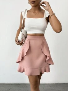 RueChic Women Mini Baby Pink Skirt With Ruffle - Baby Pink - View 3