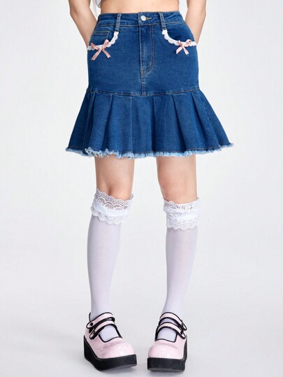 Kawaii Women's Cute Bowknot Accent Denim Mini Skirt
