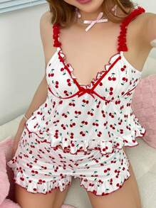 樱桃印花荷叶边装饰女士睡衣套装节日季