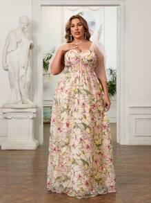 SHEIN Belle Plus Size Colorful Embroidered Floral Corset With White Base, Waist Cincher And Bow For Elegant Bachelorette Parties, Formal Occasions,  The Garden For Time Romantic Dinners And Resort Style, Also Ideal For Wedding Reception Dresses