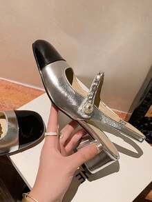 女士瑪麗珍高跟鞋，亮面方跟尖頭泵鞋，時尚時髦的裙子鞋 - 銀色 - 查看 5