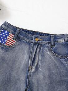 SHEIN Tween Boy Patchwork American Flag Printed Pocket Design Casual Denim Shorts - Medium Wash - View 4