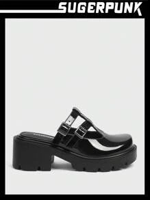 Sugerpunk Y2K Fashion Black Half-Enclosed Roman Style Women Wedge Chunky Sole Shoes, Suitable For Music Festival, Shopping And Party For Summer Vacation Shoes Summer - Black - View 2