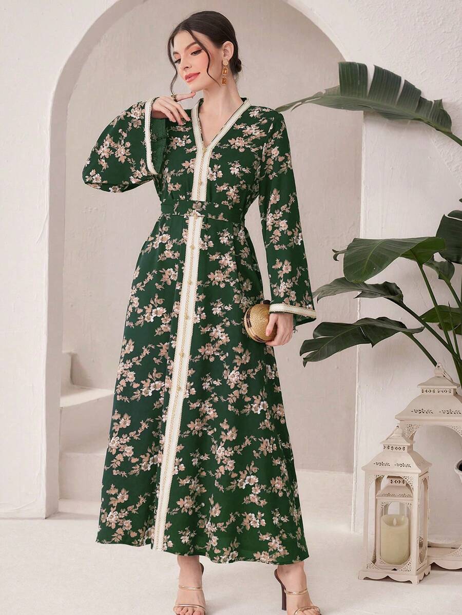 Al Najma 女士时尚 V 领收腰长袖印花连衣裙 - 彩色 - 查看 1