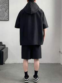 Manfinity Hypemode 男款鬆身休閒實色束腰連帽工作襯衫和短褲，適用於春夏季節 - 黑色 - 查看 2