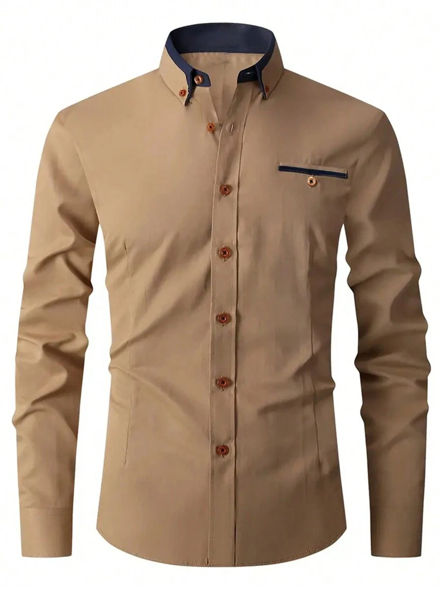 Men Contrast Trim Button Up Shirt - Khaki - View 1