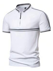 Manfinity Mode Camisa polo de trabajo casual con cremallera, simple y con adorno de rayas, para hombre, para golf