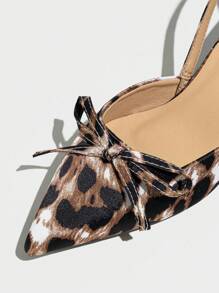 Women Leopard Print Pointed Toe Kitten Heels With Bow Decor And Back Strap, Elegant And Comfortable Shoe For Daily Wear Or Outdoor Summer Dress, Made Of Satin - Multicolor - View 3