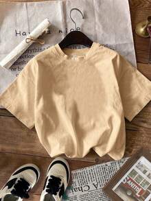SHEIN Áo thun cổ tròn tay ngắn họa tiết hoạt hình tối giản cho bé trai tuổi mới lớn, phù hợp cho mùa hè - Màu Khaki - Xem 2