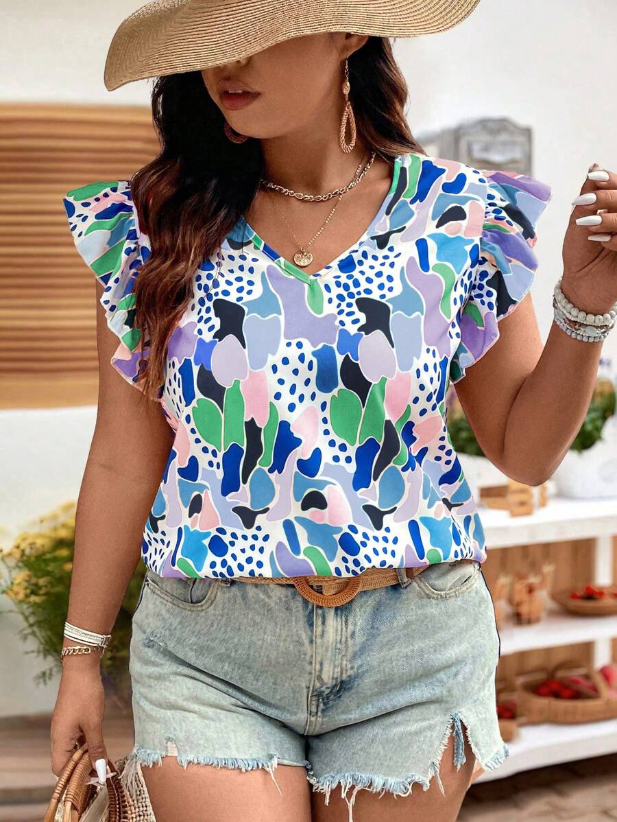 SHEIN VCAY 夏季假期大尺碼女裝鬆身V領短袖印花上衣