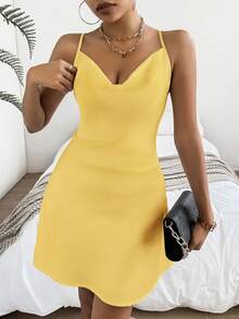 SHEIN Privé Women Summer Sexy Solid Color Draped Neck Backless Spandex Cami Dress - Yellow - View 6