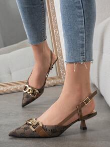 女士复古方头高跟鞋，饰有链条，优雅棕色细高跟鞋，适合春季、秋季、户外派对和日常通勤，优雅