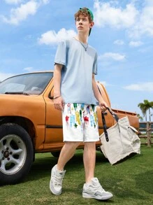 SHEIN 青少年男孩星星印花棉質水洗牛仔短褲，時尚酷炫，適合戶外、街頭和夏季運動穿著 - 白色 - 查看 4