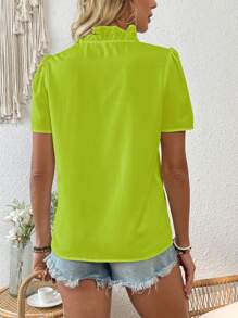 SHEIN LUNE Women Short Sleeve Green Blouse With V-Neck And Ruffle Trim, H Version - Lime Green - View 2