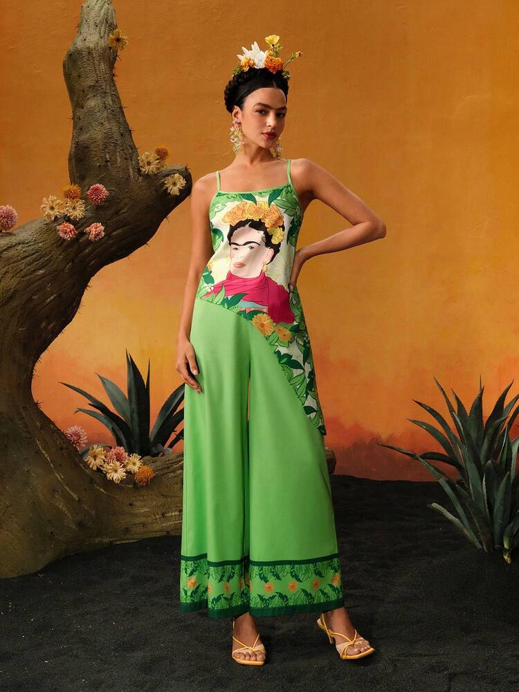 2pcs/Set Floral & Human Portrait Asymmetrical Hem Camisole Top And Wide Leg Pants Set, Summer Holiday