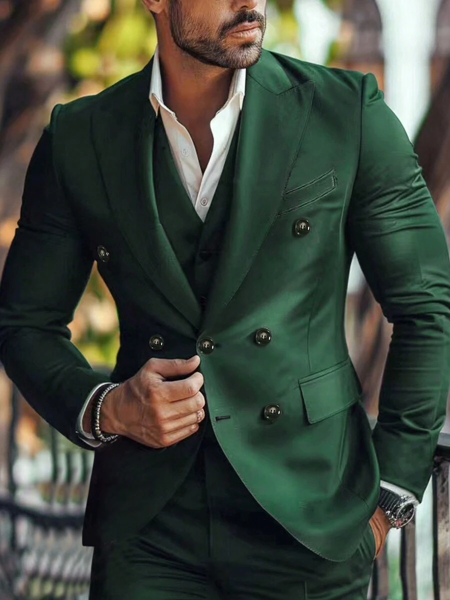 Manfinity Mode 男士純色三扣時尚商務套裝，適用於工作 - 墨綠色 - 查看 1