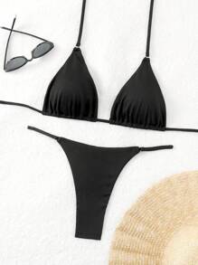 SHEIN Swim Women Summer Beach Solid Ruched Sexy Bikini Set For Vacation - Black - View 2