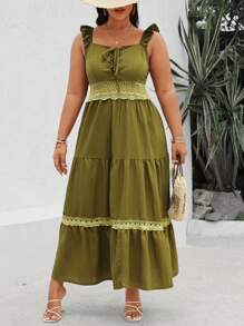 Flirla Plus Size Women Gothic Floral Lace Decorated Dress - Army Green - View 5