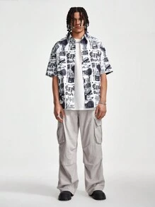 Manfinity NXTstreet Chemise décontractée d'été pour homme à manches courtes et ample avec imprimés de slogan - Noir et Blanc - Voir 3