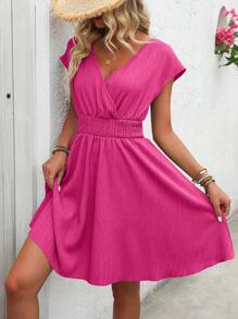 SHEIN LUNE 夏季純色V領包身休閒連衣裙 - 玫紅色 - 查看 4