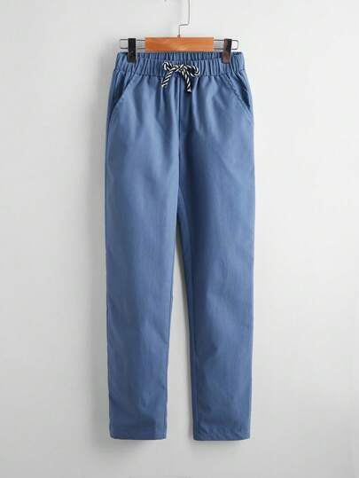 بنطلون كاجوال ضيق للفتيان المراهقين، خصر عالي، قصة مستقيمة، لون أحادي مع جيوب مائلة