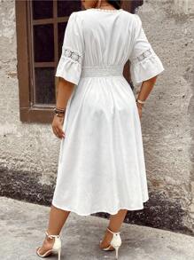 Breezaya Plus Size Women's Lace Splice Flare Sleeve Dress - White - View 2