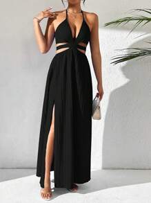 Breezaya Women Deep V-Neck Hollow Out Slit Solid Color Party Dress With Halter Maxi Vacation Beach Outfit - Black - View 5