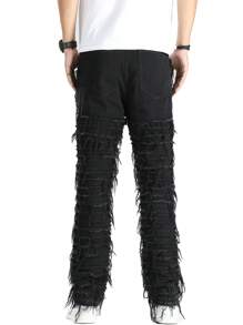 Jeans de mezclilla con adorno de flecos de moda para hombres, estilo emo, grunge - Negro - Ver 4