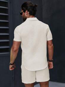 Manfinity Homme Men Summer Casual Solid Color Short Sleeve Shirt + Shorts Set - Beige - View 2