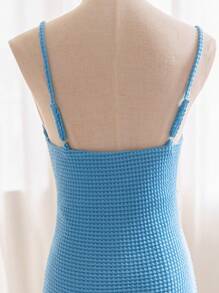 Soleia Robe sans manches bleue décontractée en tricot jacquard texturé pour femme en vacances à la plage avec cercle creux, plis et fente latérale haute