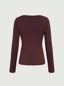 SHEIN EZwear 女士純色露肩長袖休閒T恤，適用於春夏季 - 酒紅色 - 查看 2