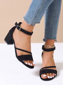 Women High Heel Sandals, Elegant Fairy Style Summer Shoes, Black Soft Bottom Open Toe Sandals With Ankle Strap Buckle, Chunky Heels For Outdoor Occasions