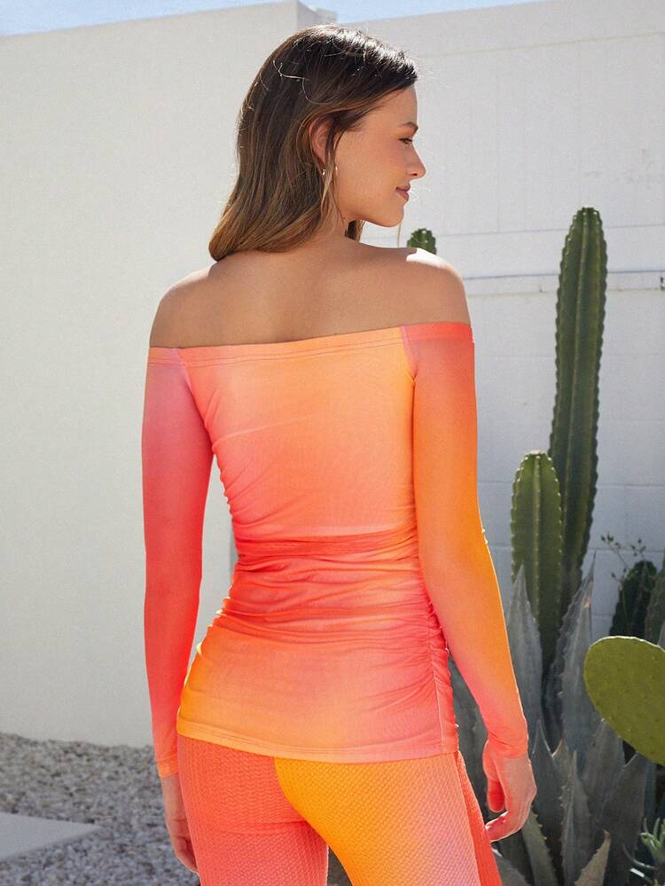 Women Gradient Mesh Pleated Slim Fit Off Shoulder Top For Vacation