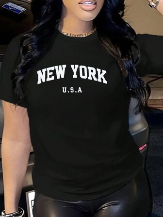 SHEIN 女士夏季字母印花圆领休闲短袖 T 恤图案 T 恤女式上衣