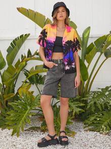 Forever 21 Áo Sơ Mi Nữ Tay Ngắn In Toàn Thân Cổ Bẻ Nút Trước Cho Mùa Hè Thường Ngày - Nhiều màu - Xem 3