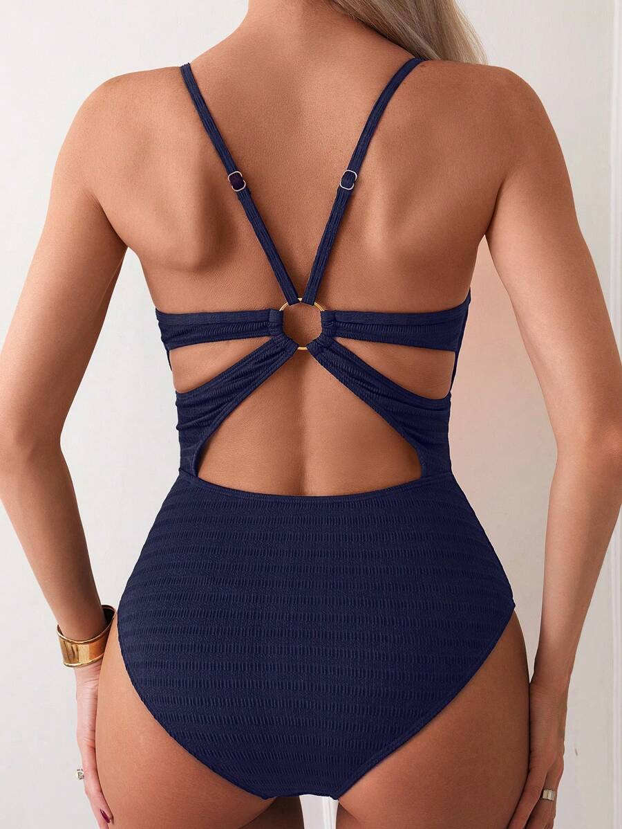 SHEIN Swim 夏季海滩纯色细肩带连体泳衣 - 藏蓝色 - 查看 1