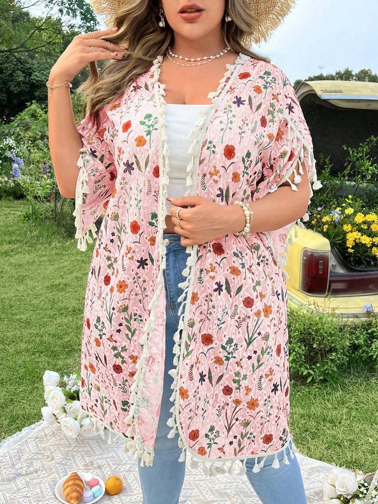 Plus Size Vacation Leisure All-Over Printed Hollow Out Embroidery Tassel Decorated Jacket