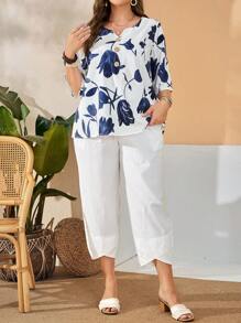 EMERY ROSE Conjunto de blusa con estampado floral y pantalones capri talla grande, para el verano