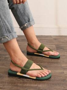 男士綠色休閑無後跟涼鞋拖鞋，有彈性帶和腳趾後帶，夏季 - 綠色 - 查看 4