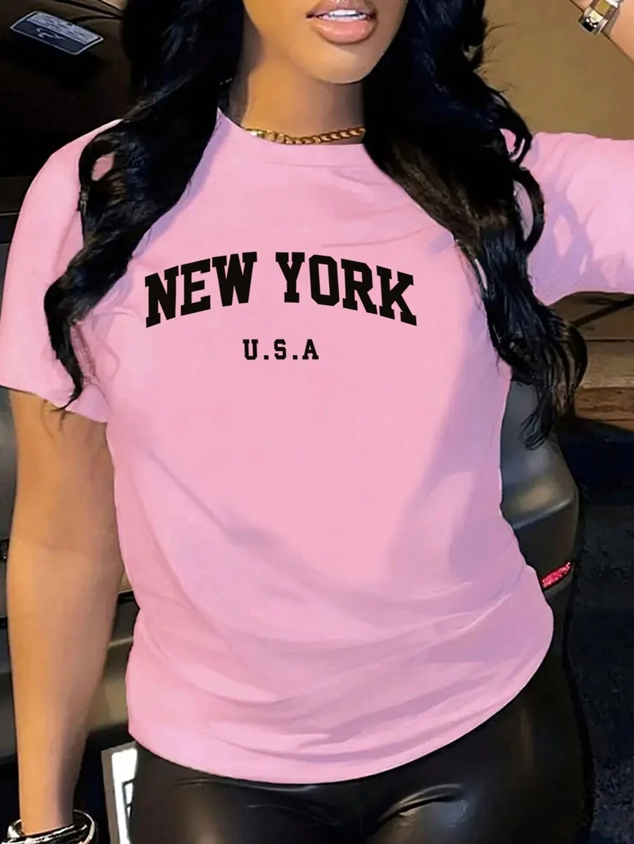 SHEIN 女士夏季短袖字母印花宽松休闲 T 恤图案 T 恤女式上衣 - 粉色 - 查看 1