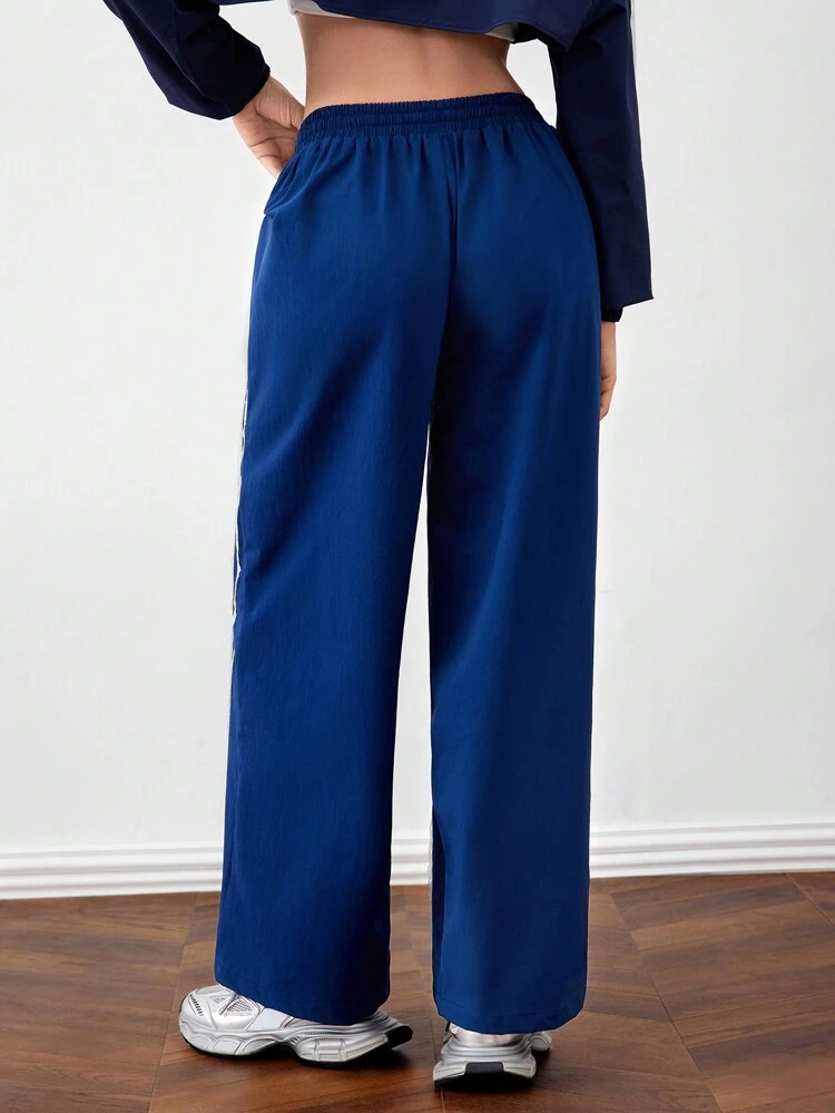 Women Color Block Patchwork Elastic Waist Wide Leg Cropped Pants For Casual And Sport