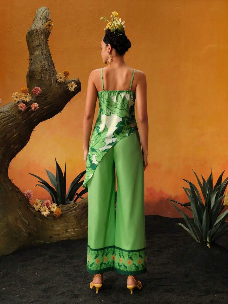 2pcs/Set Floral & Human Portrait Asymmetrical Hem Camisole Top And Wide Leg Pants Set, Summer Holiday